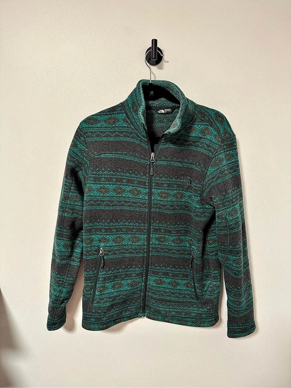 The North Face Men'Small Geometric Fleece Jacket Green & Black Small